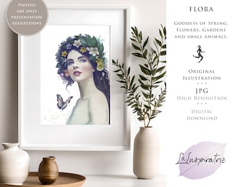 FLORA GODDESS Art Print. Roman GODDESS Artwork. Hand Drawn Original Illustration. Instant Download. Mythology Wall Art. Digital Watercolor.