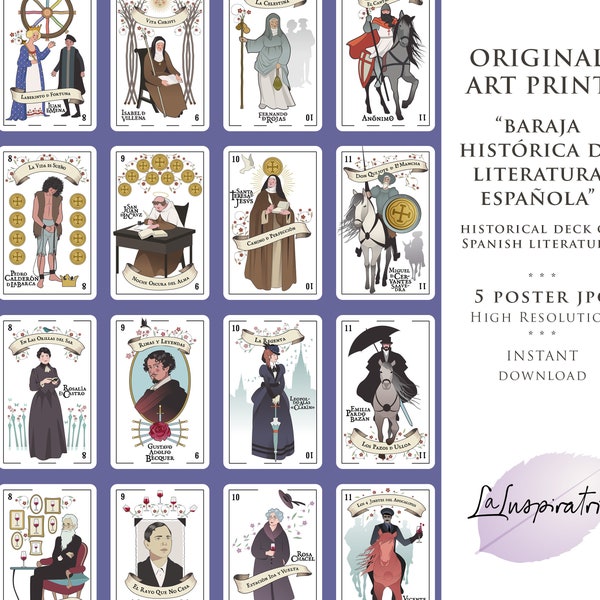 Printable 48 Spanish PLAYING CARDS. Digital Download. Historic Spanish Literature Deck POSTER. Original 5 Artworks. Playing Cards Art Print