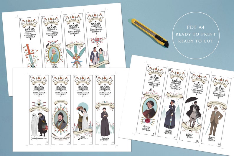 12 PRINTABLE BOOKMARKS Historic Spanish Literature. Playing Cards ART Print. Spanish Deck. Digital Download. Bookmark Ready to Print. 画像 6