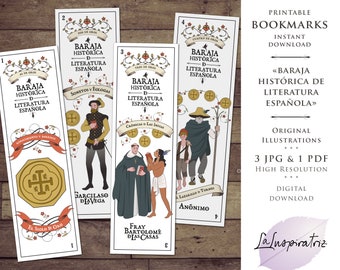 12 PRINTABLE BOOKMARKS Historic Spanish Literature. Playing Cards ART Print. Spanish Deck. Digital Download. Bookmark Ready to Print.