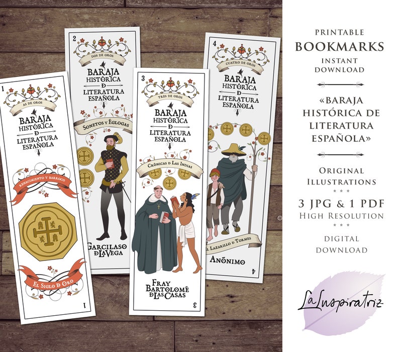 12 PRINTABLE BOOKMARKS Historic Spanish Literature. Playing Cards ART Print. Spanish Deck. Digital Download. Bookmark Ready to Print. image 1