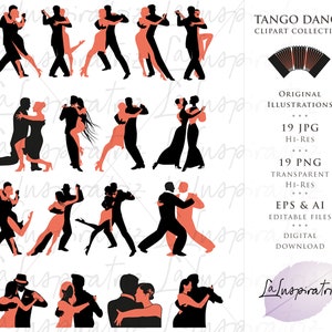 タンゴダンサーのクリップアート。オリジナルタンゴクリップアートイラスト。ダウンロード可能。Png - Jpg高解像度。編集可能なベクターファイル。タンゴシルエットのクリップアート