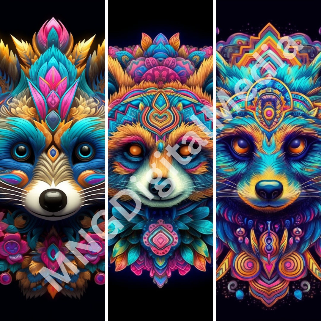 Mandala Raccoon Set of High Quality PNG Digital Prints of Mandala Psychedelic Raccoons ...
