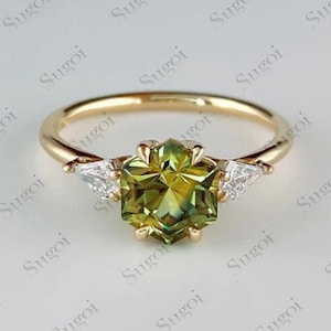 Vintage Hexagon Cut Natural Peridot Engagement Ring, Unique 14K White Gold August Birthstone Peridot Wedding Anniversary Promise Ring Gift
