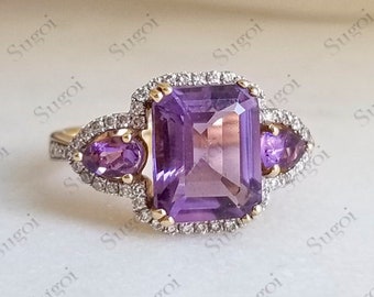 Unique Amethyst Engagement Ring Emerald Cut Purple Gemstone Promise Ring Pear Amethyst 14K Gold Wedding Ring Round cut Diamond Halo Ring