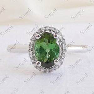 Green Tourmaline Ring/Oval Tourmaline Prong Ring/Diamond Halo/Vintage Wedding Ring/Simple Gold Ring/Gift For Her/Bridal Proposal Ring/Gift
