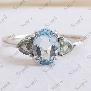 AAA Oval Aquamarine Silver 14k White Gold Round Diamond Engagement Ring Cluster Green Sapphire Ring for Women Anniversary Promise