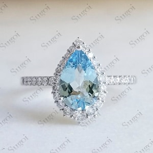 Pear Cut Aquamarine Engagement Ring AAA Aquamarine White Gold Engagement Ring Diamond Halo Ring Vintage Classic Ring Birthstone Promise