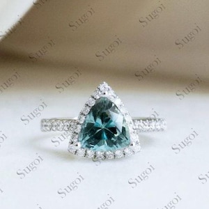 Trillion Shape Parti Sapphire Engagement Ring 14K Solid Gold, Sapphire and Diamond Halo Engagement Ring, Teal Green Sapphire Engagement Ring