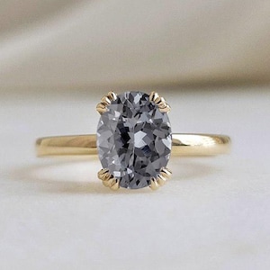 AAA Grey Spinel Ring, Oval Solitaire Gold 14k Wedding Ring, Gray Spinel Bridal Ring August Birthstone, Grey Spinel Triple-Claws Ring
