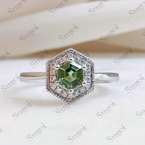 Vintage Hexagon Cut Natural Peridot Engagement Ring, Unique 14K White Gold August Birthstone Peridot Wedding Anniversary Promise Ring Gift
