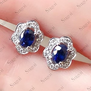 Modern Halo Sapphire Earrings, Genuine lab grown Royal Blue sapphire stud earrings, oval blue sapphire bridal earrings, micro pave earrings