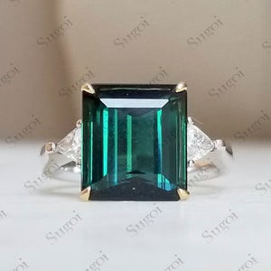 5.50 Carat Green Tourmaline Emerald Cut Ring With Trillion Diamonds, 14K Gold Engagement Ring, Three Stone Ring