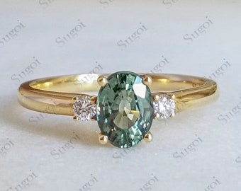 Cosmic green sapphire engagement ring, Teal sapphire ring, Sapphire and diamond ring, Australian sapphire, Engagement ring, Parti sapphire