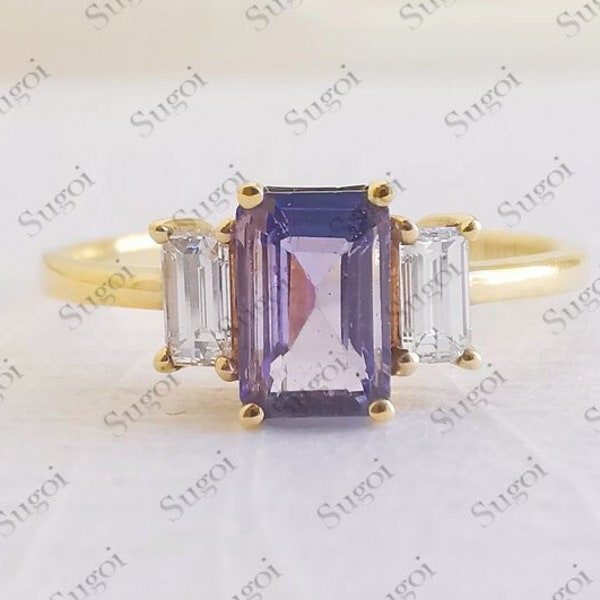 14k Gold Tanzanite Engagement Ring Set For Women Emerald Cut Tanzanite Purple Gemstone Wedding Ring Set Art Deco Tanzanite Ring Set