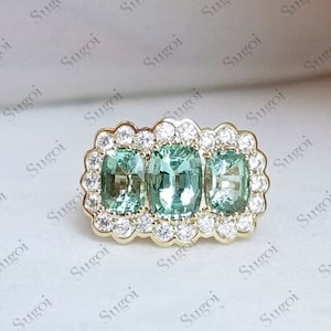 Green Tourmaline Engagement Ring/Vintage Diamond Halo Ring/Antique Wedding Ring/Unique Ring/Ring for Fiancee/14K Solid Gold/Graduation gift