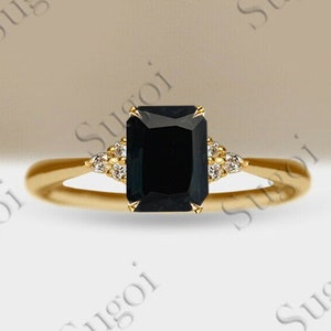 Emerald cut Black Onyx engagement ring vintage round cut diamond ring yellow gold ring art deco Bridal ring anniversary gift for women