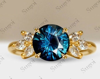 Round Teal Sapphire Engagement Ring, Unique Teal Sapphire Wedding Promise Engagement Ring, September Birthstone, Marquise Diamond Ring