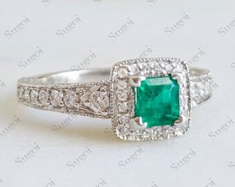 Asscher cut emerald ring, 0.75ct square emerald cut emerald engagement ring, May Birthstone Promise Ring, Emerald Solitaire Ring