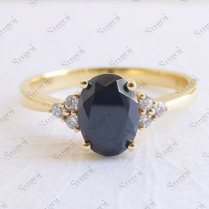 Oval cut black onyx engagement ring, unique moissanite yellow gold ring, vintage diamond anniversary bridal ring, promise cluster ring women