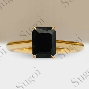 Emerald cut Black Onyx engagement ring vintage Yellow gold engagement ring Minimalist ring art deco Wedding Bridal anniversary promise gift