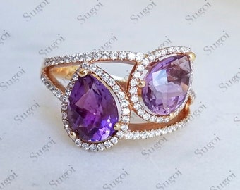Natural Amethyst Engagement Ring / Pear Purple Amethyst Ring For Women / Vintage Rose Gold Cluster Ring February Birthstone promise ring