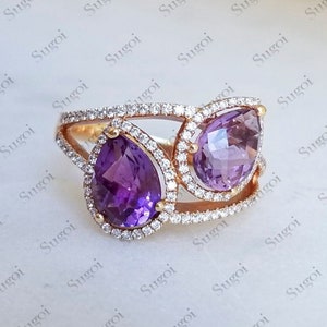 Natural Amethyst Engagement Ring / Pear Purple Amethyst Ring For Women / Vintage Rose Gold Cluster Ring February Birthstone promise ring