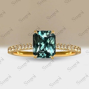 Teal Sapphire Engagement Ring Emerald Cut Sapphire Vintage Green Sapphire Ring 10k Gold Ring Women Half Eternity Promise Ring