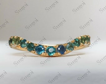 14k Solid Gold Sapphire Royal Curve Ring | Blue Curved Wedding Ring Women | Sapphire Ring Tiara Stacking Ring Real Gold September Birthstone