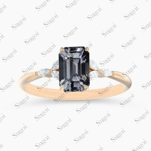 Radiant cut Grey Spinel ring, Grey Spinel engagement ring, Diamond Cluster Spinel ring, 14k Solid Gold Ring, Grey stone ring