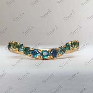 14k massief gouden saffier ring Royal Curve | Blauwe gebogen trouwring dames | Ring saffier stapelring tiara echt goud september geboortesteen