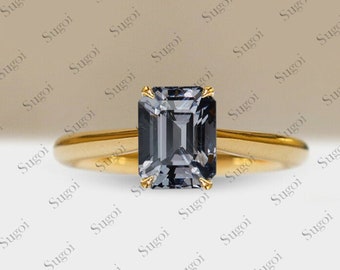 1.35 Emerald cut Grey Spinel Engagement Ring vintage spinel solitaire ring 14k solid gold unique spinel ring women promise ring for her