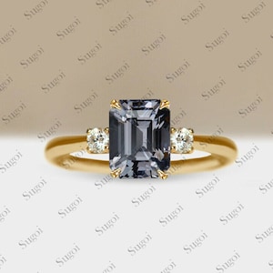 AAA Grey Spinel Engagement Ring, vintage grey spinel trilogy ring, 14k gold unique spinel ring women promise ring for her