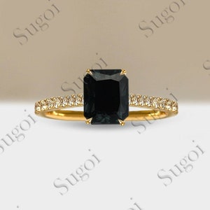 Emerald cut Black Onyx engagement ring Diamond cluster vintage ring Yellow gold engagement ring Bridal ring Anniversary gift for women