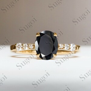 Oval cut Black onyx engagement ring Rose Gold vintage engagement ring Half Eternity Diamond ring Bridal ring Anniversary ring