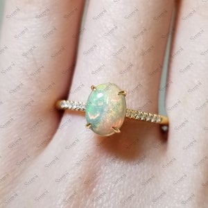 Natural Australian Opal Ring/ Oval Opal Diamond Ring/ Diamond Ring/ Opal Engagement Ring/ Opal Ring With Diamond Eternity Certified