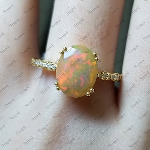 Solid Gold White Opal Ring, Oval Opal Ring, Promise Ring For Women, Engagament Ring, Gift for Her, Birthstone Ring, Handmade Gold Opal Ring