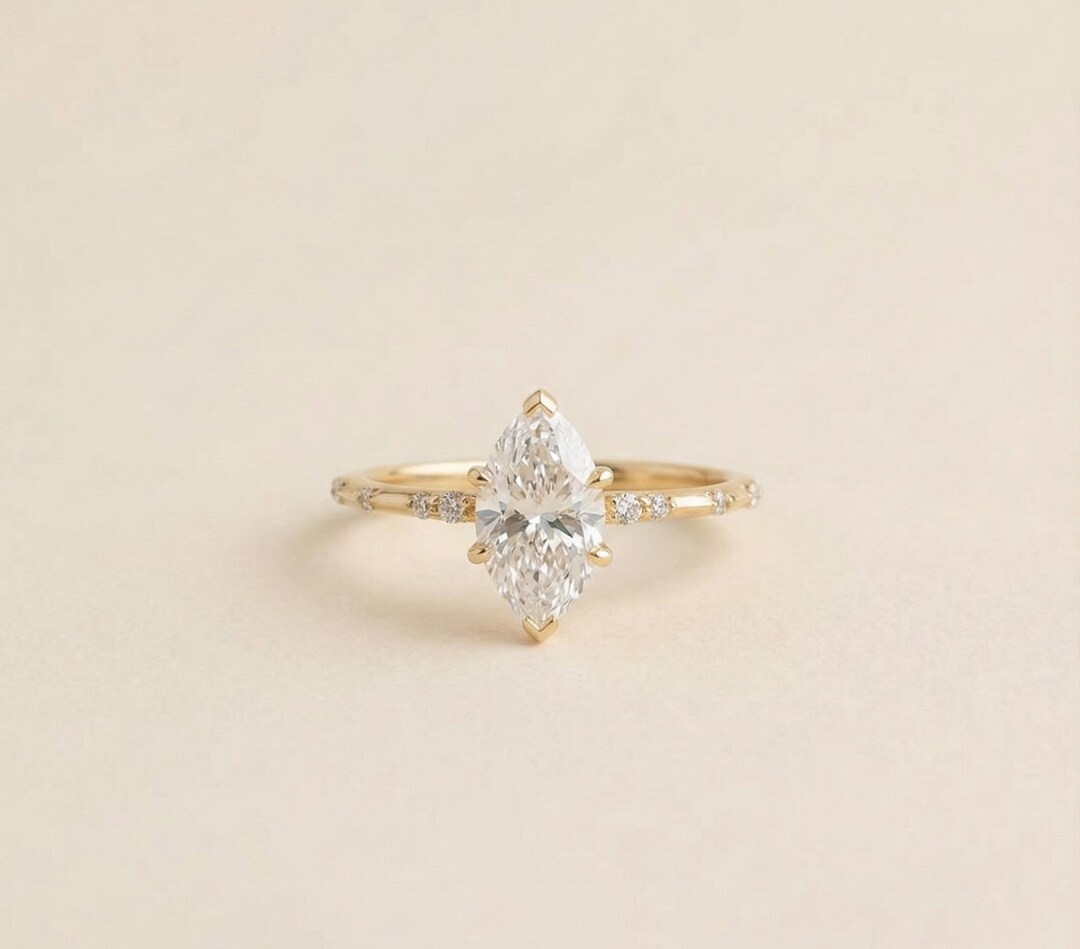Marquise Cut Solitaire Diamond Engagement Ring / 14k Solid Gold Lab ...