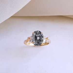 Oval cut Grey Spinel Ring, Grey Spinel Cluster 14k Wedding Ring, Grey Spinel Bridal Ring August Birthstone, Grey Spinel 14k Solid Gold Ring