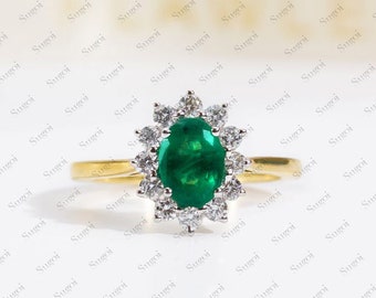 2 Carats Halo Emerald Engagement Ring, Oval Emerald Ring, May Birthstone, white gold plated silver Green Gemstone Ring, Classic Diana Style