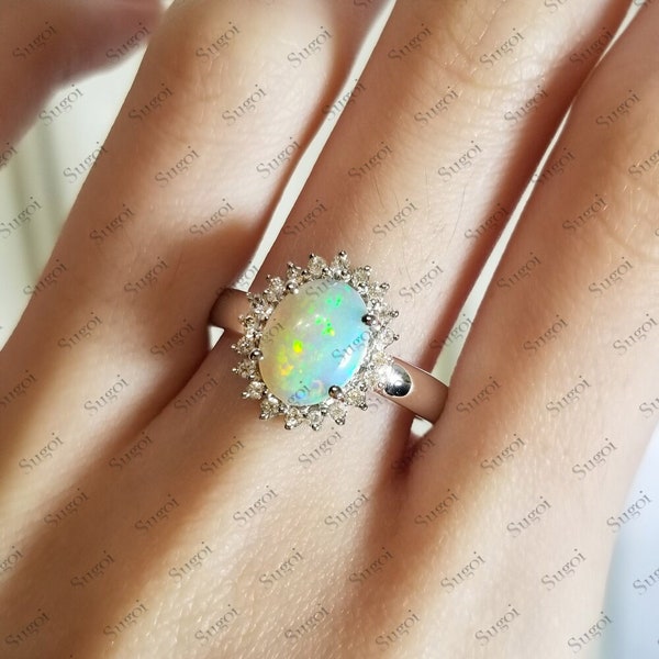 Natural Australian Opal Ring/ Oval Opal Diamond Ring/ Diamond Halo Ring/ Opal Engagement Ring/ Opal Ring With Diamond Eternity Certified