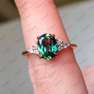 Vintage Oval Natural Peacock Sapphire Engagement Ring - Rose Gold Teal Sapphire Wedding Ring - Diamond Cluster Promise Ring