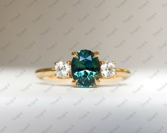 1.25 Cts Oval Teal Saphir Verlobungsring, Teal Saphir Ring, Saphir Trilogy Ring, australischer Saphir, September Geburtsstein
