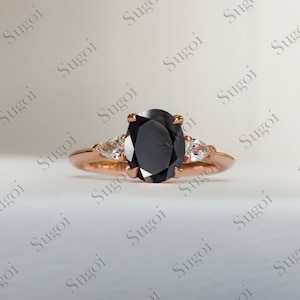 Drie stenen ovaal gesneden zwarte onyx verlovingsring, 6 * 8 mm ovale gefacetteerde zwarte spinel belofte ring, gotische ondoorzichtige zwarte edelsteen ring