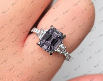 Emerald Cut Grey Spinel Ring, Natural Grey Spinel Engagement Ring, Prong Classic Solitaire Ring, Anniversary Ring, Promise Ring,Gift For Her