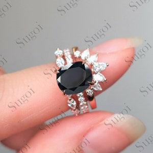 Ovaalvormige zwarte onyx verlovingsring vintage Rose goud Moissanite diamanten ring stapelen bijpassende bruidsring jubileumcadeau voor vrouwen