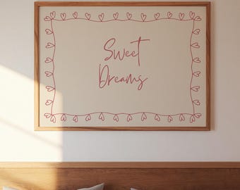 Sweet Dreams-poster, coquette trendy kunst, eenvoudig kunst aan de muur boven het bed, roze girly slaapzaalmuurdecoratie, handgetekende kunst, leuk hartcadeau
