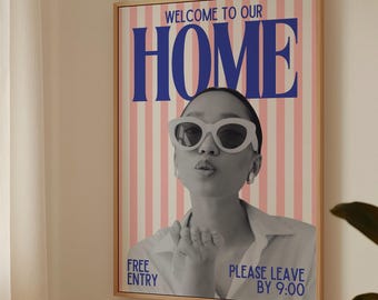 Bienvenue dans notre maison, veuillez partir par 9, impression rose, art mural tendance rose, décoration esthétique de dortoir, impression drôle, déco de couloir art appartement preppy #30