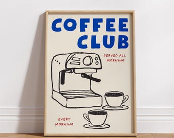 Póster de cocina con impresión artística de Coffee Club, arte de pared de cocina retro imprimible, impresión de café verde, cocina dibujada a mano, regalo para amantes del café azul n.° 85