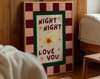 Retro dekoracja ścienna do sypialni „Noc, noc, kocham cię” – wydruk: Kratkowa dekoracja ścienna do druku, modny wydruk artystyczny z połowy XX wieku nr 199